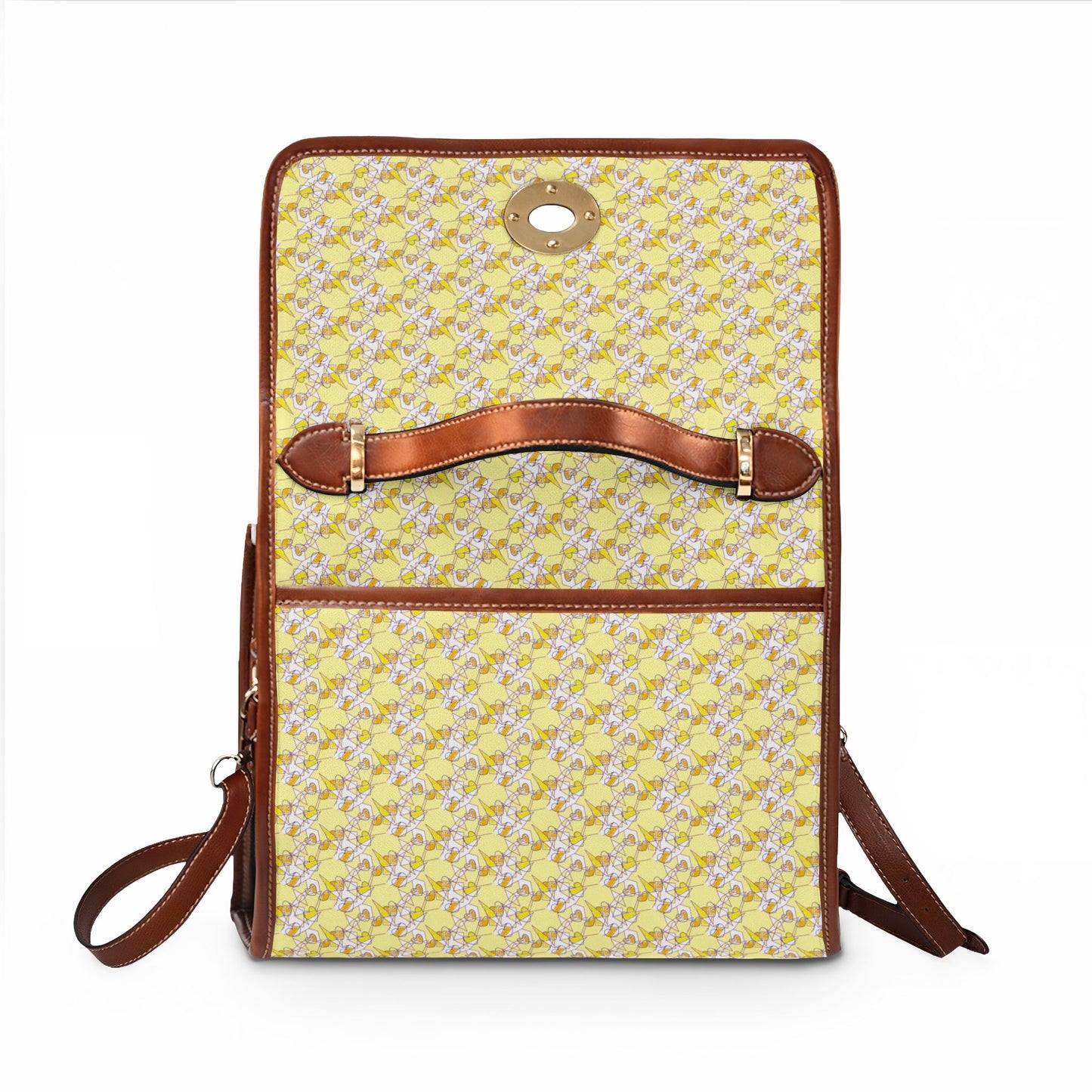 Yellow Floral Canvas Bag — Waterproof Handbag Tote with Leather Trim