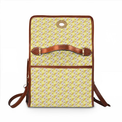 Yellow Floral Canvas Bag — Waterproof Handbag Tote with Leather Trim
