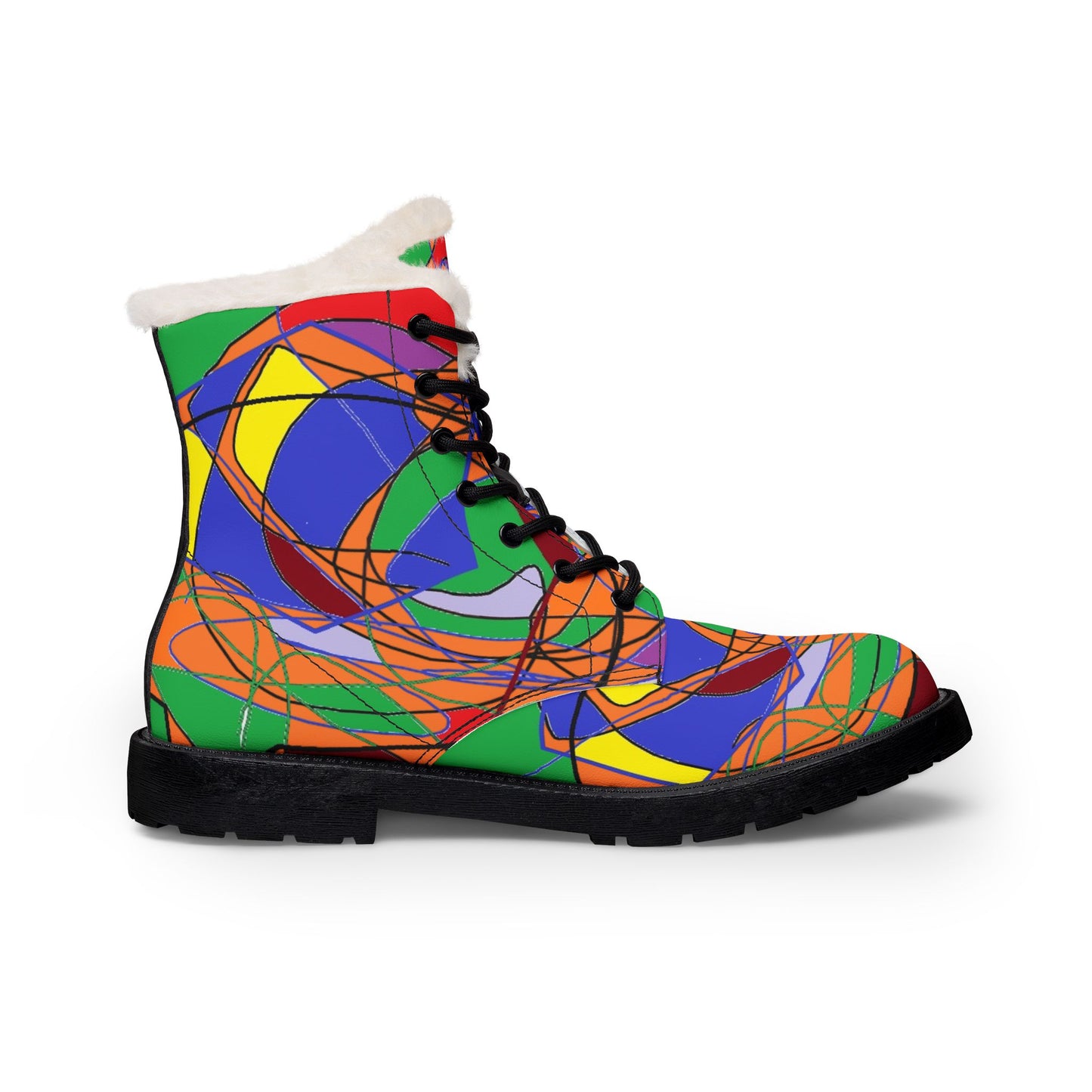 Colorful Abstract Fur-Lined Boots — Women's Leather Winter Boots