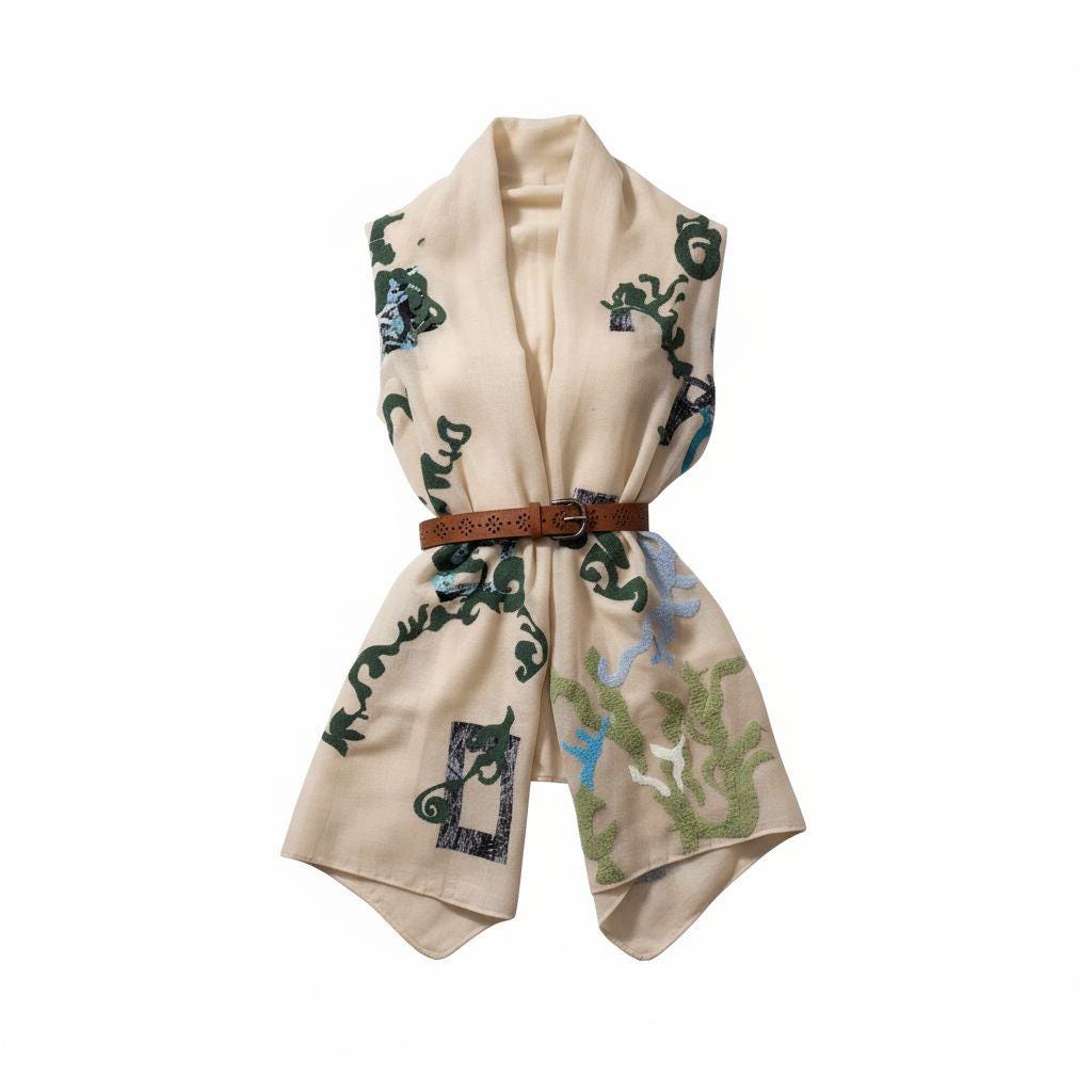 Boho Summer Shawl Wrap: Lightweight Beige Scarf with Puffy Swirls