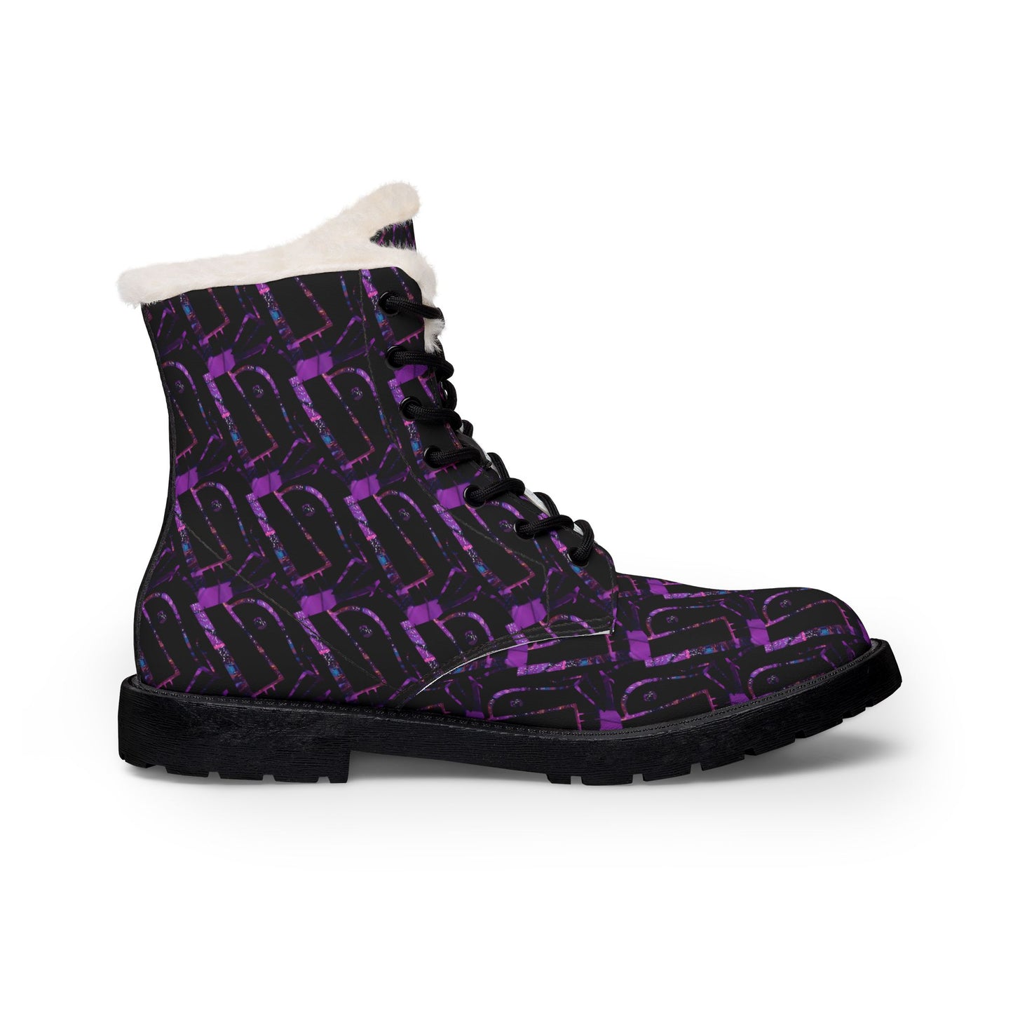 Purple Graffiti Fur-Lined Leather Boots — Women's Cozy Winter Combat Style