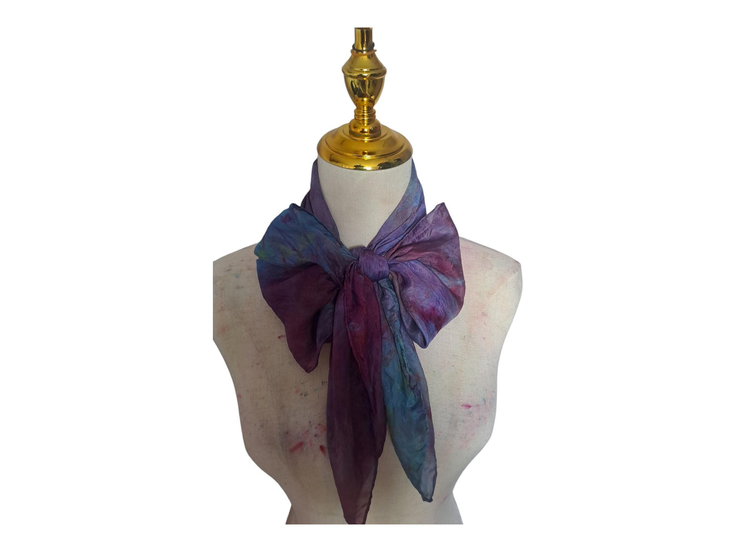 Hand-Dyed Silk Scarf with Brooch, Purple, Blue, Pink Watercolor