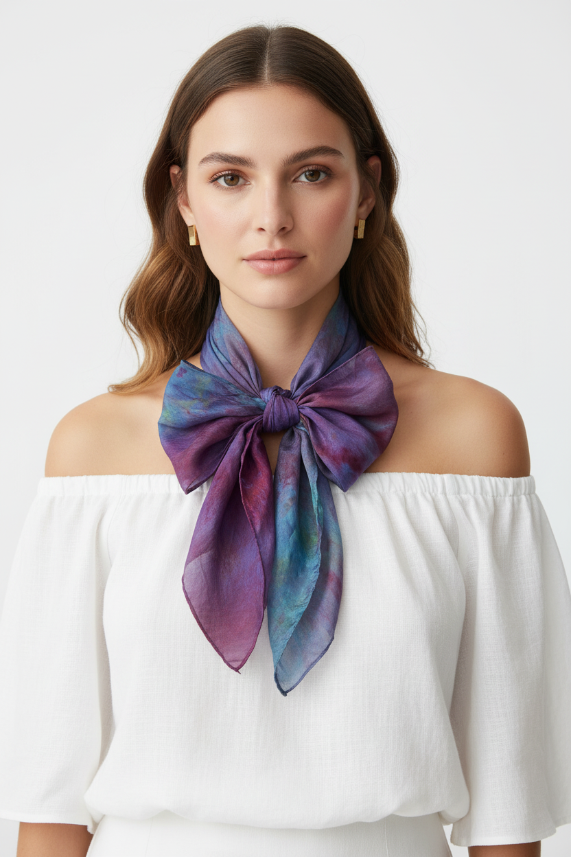 Hand-Dyed Silk Scarf with Brooch, Purple, Blue, Pink Watercolor