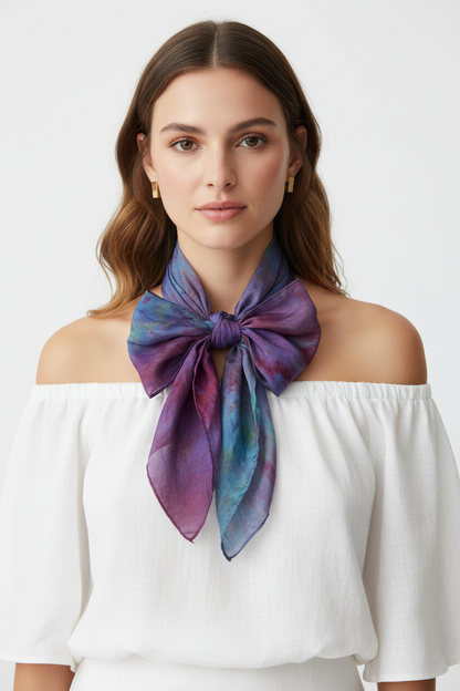 Hand-Dyed Silk Scarf with Brooch, Purple, Blue, Pink Watercolor