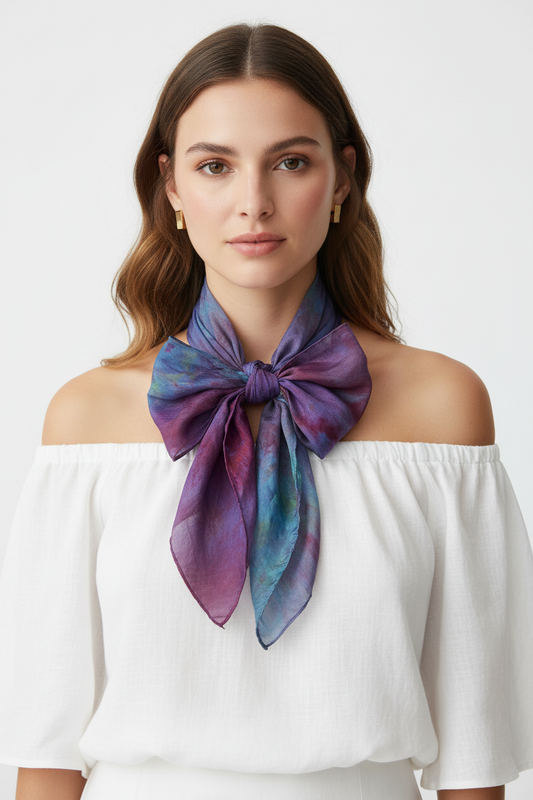 Hand-Dyed Silk Scarf with Brooch, Purple, Blue, Pink Watercolor