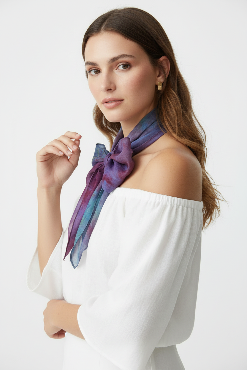Hand-Dyed Silk Scarf with Brooch, Purple, Blue, Pink Watercolor