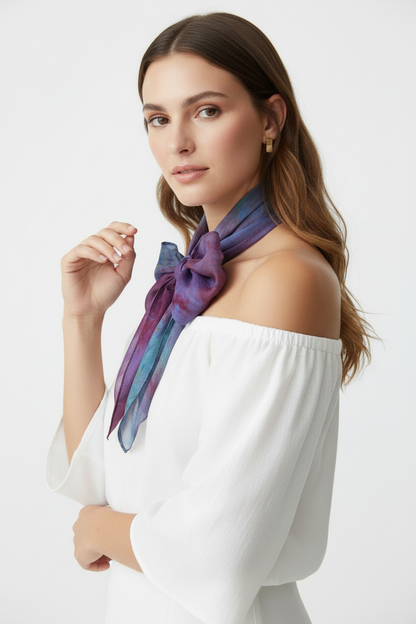 Hand-Dyed Silk Scarf with Brooch, Purple, Blue, Pink Watercolor