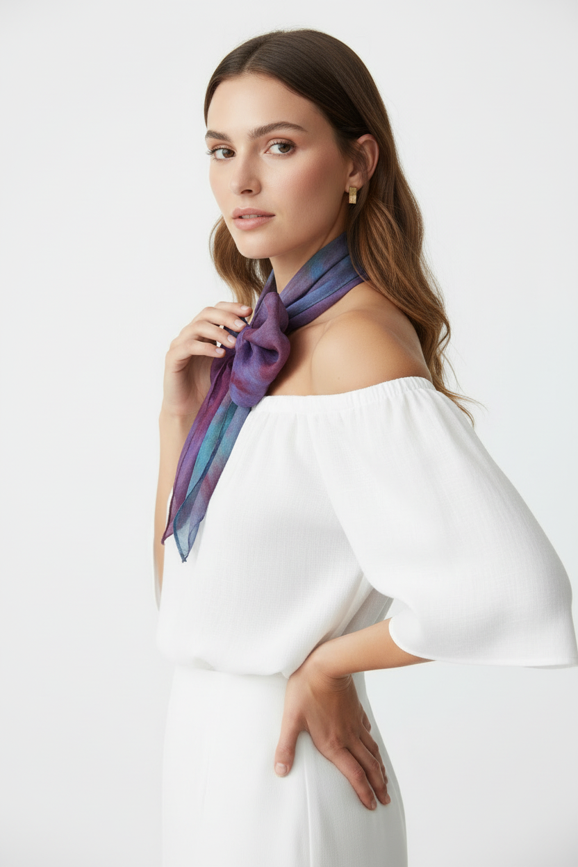 Hand-Dyed Silk Scarf with Brooch, Purple, Blue, Pink Watercolor
