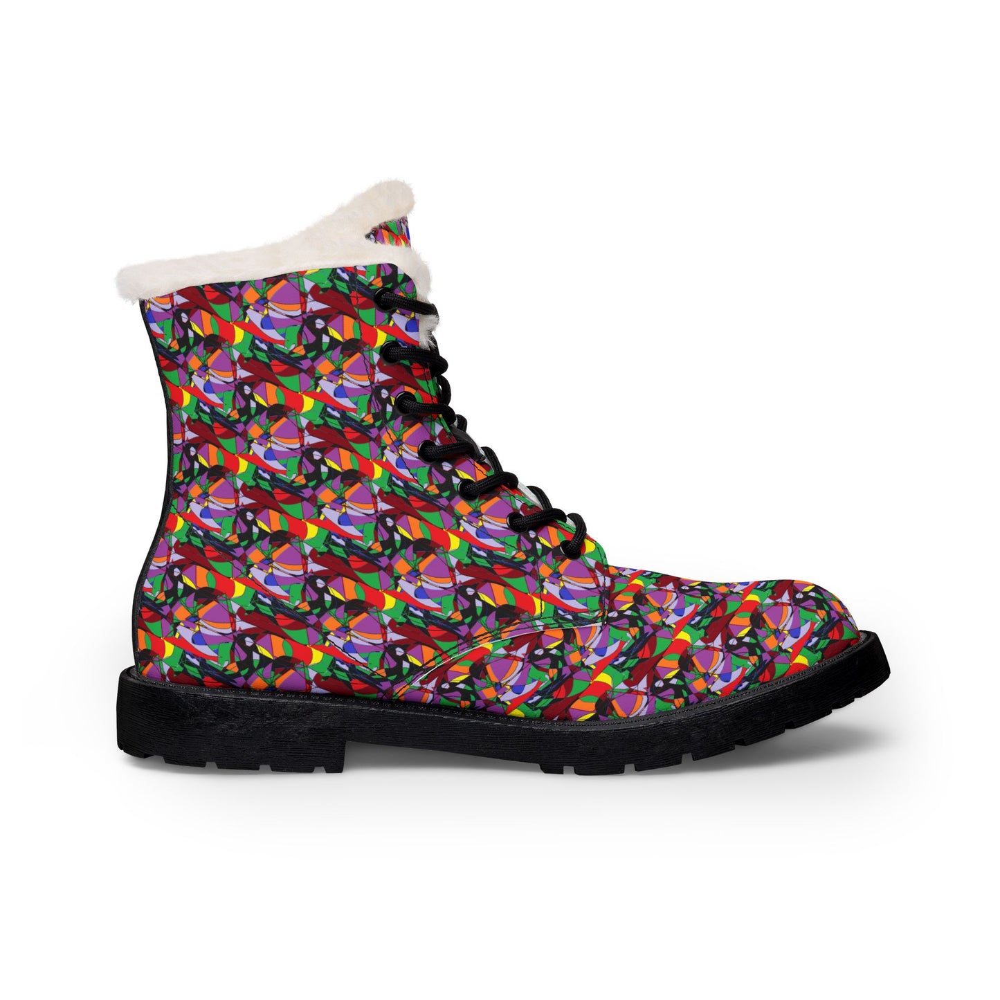 Colorful Geometric Fur-Lined Leather Boots — Women's Winter Ankle Boots