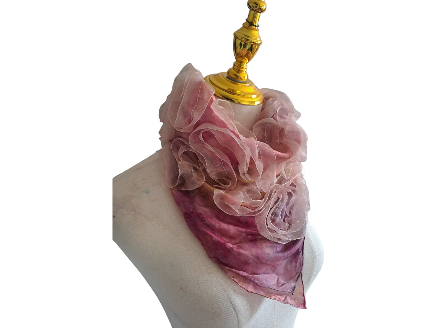 Pink Silk Scarf with Golden Ribbons, Snap Closure Neck Scarf