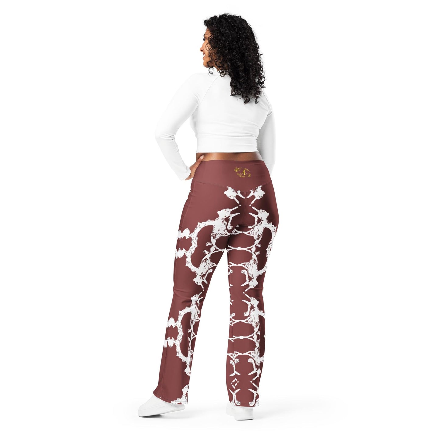 Abstract Flare Leggings: High-Waisted Brown & White Trousers