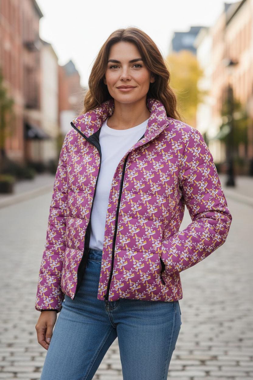Pink Floral Pattern Puffer Jacket | All-Over Print