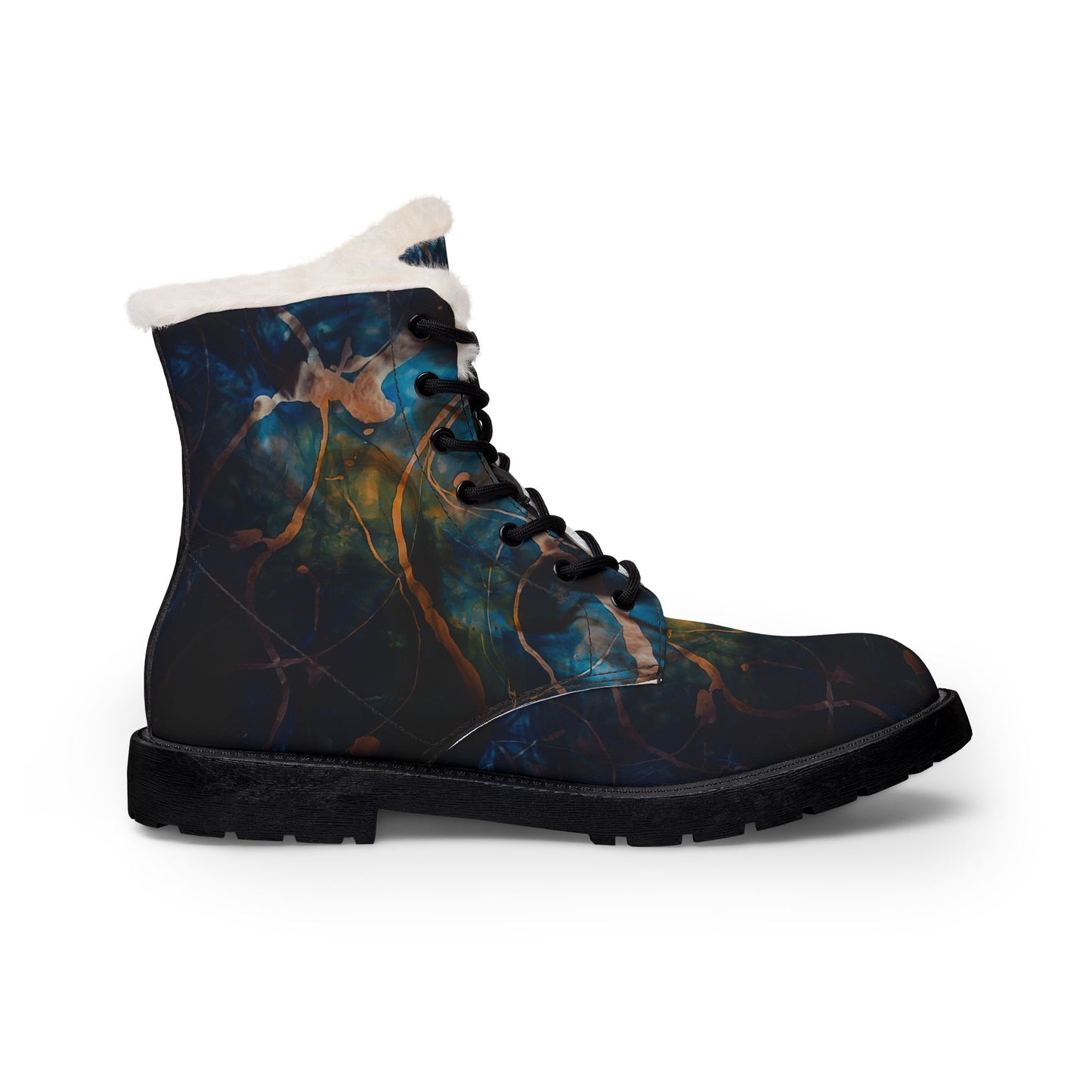 Women's Fur-Lined Leather Boots — Abstract Blue Floral Winter Combat Boots