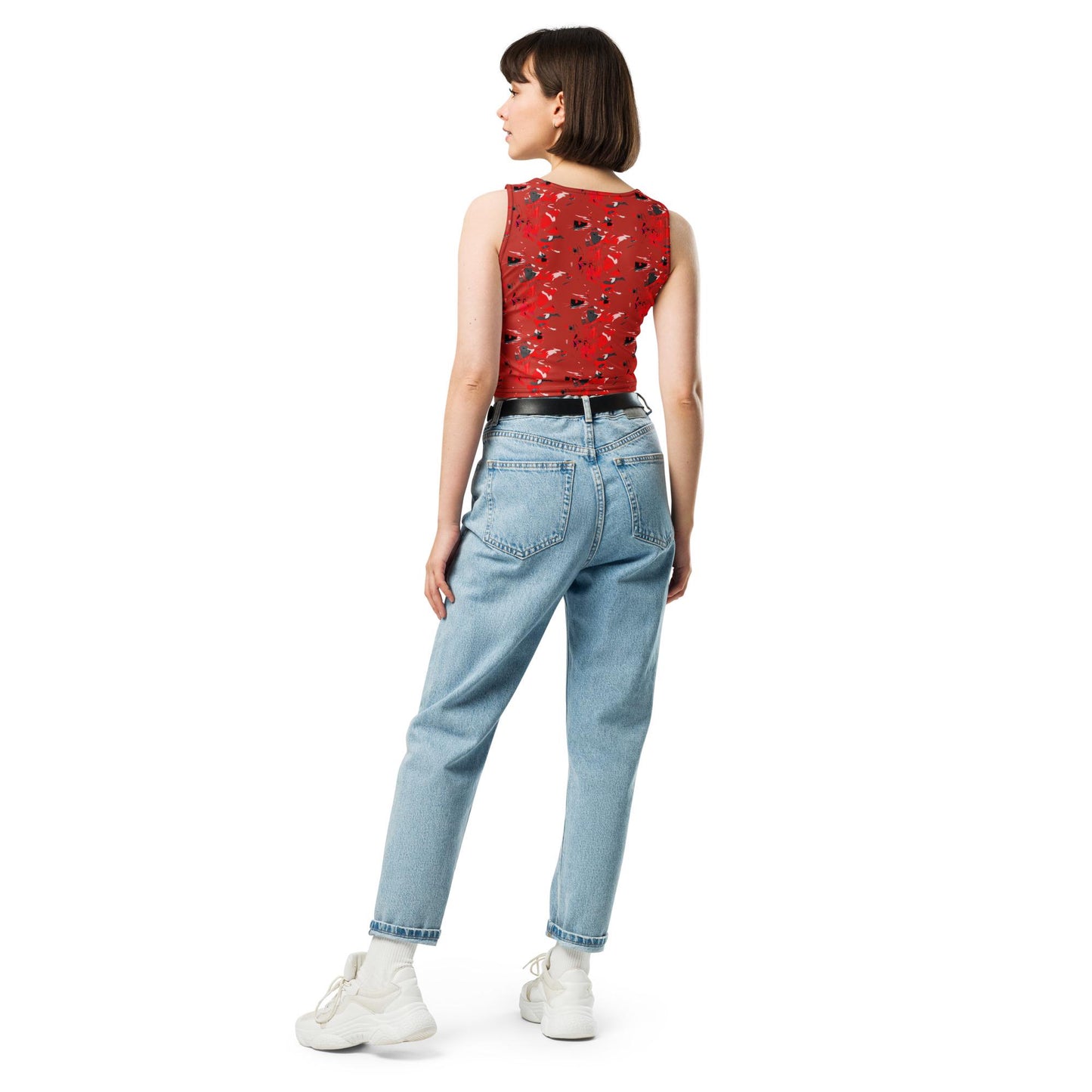 Abstract Print Crop Top: Red, Black, Modern Art Style
