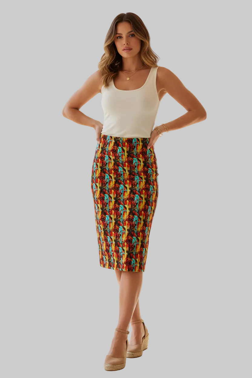 Tropical Floral Abstract Pencil Skirt — Vibrant All-Over Print