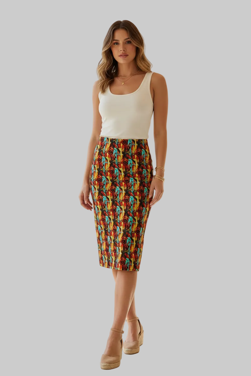 Tropical Floral Abstract Pencil Skirt — Vibrant All-Over Print