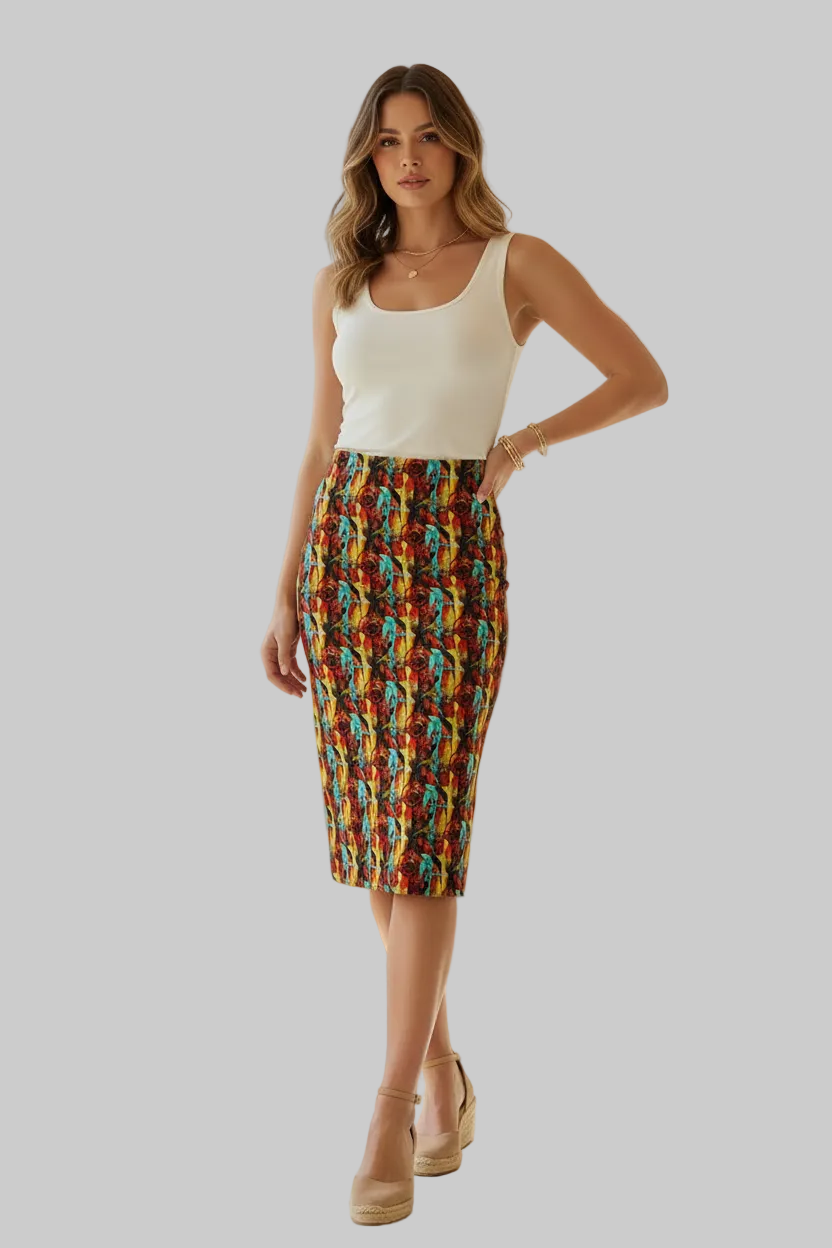 Tropical Floral Abstract Pencil Skirt — Vibrant All-Over Print