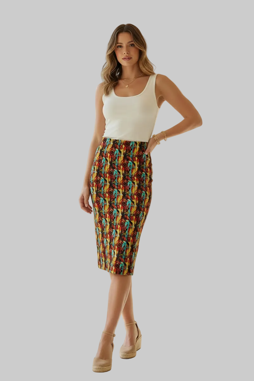Tropical Floral Abstract Pencil Skirt — Vibrant All-Over Print