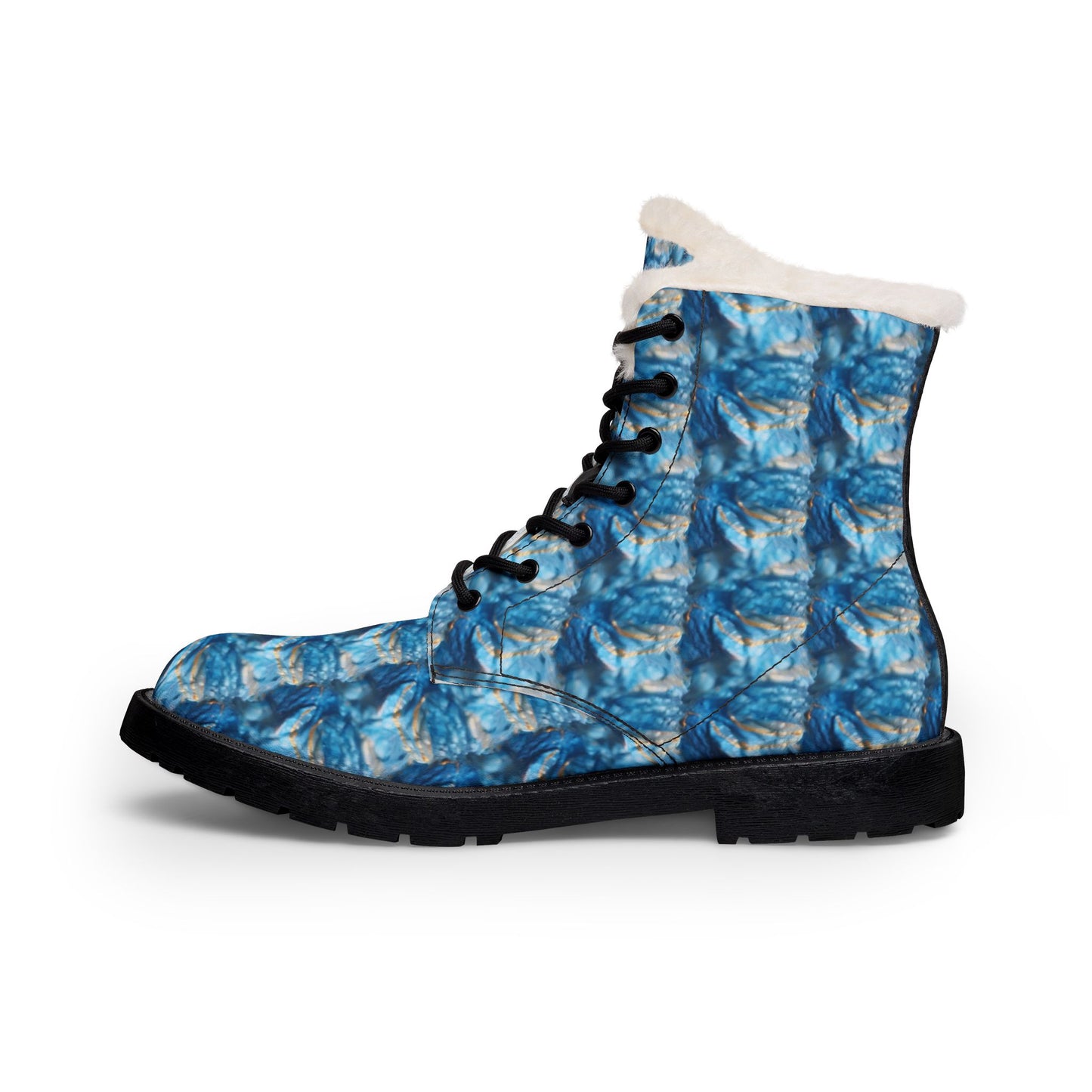 Blue Marble Fur-Lined Leather Boots – Women's Cozy Winter Ankle Boots