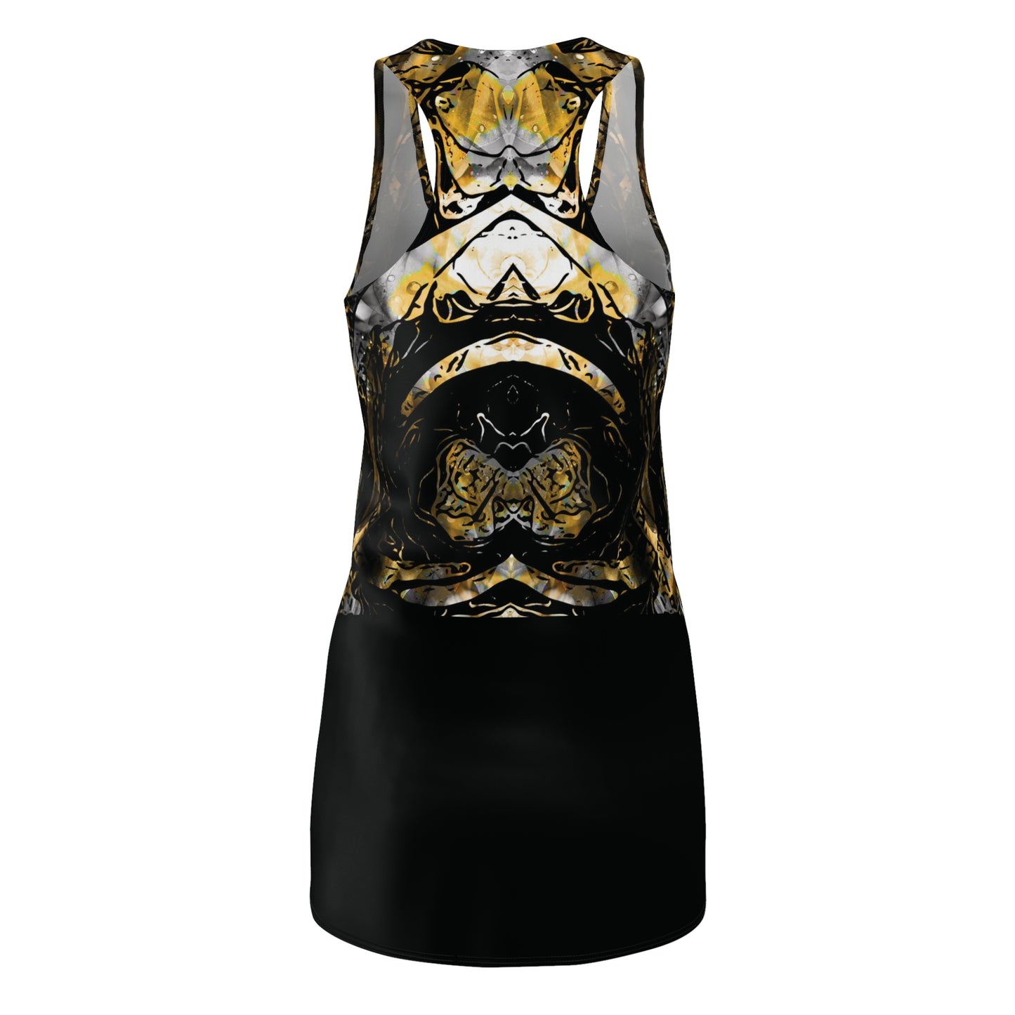 Abstract Gold & Black Racerback Dress – Symmetrical Marbled AOP