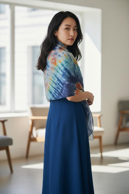 Icedyed Tie-Dyed Silk Scarf: Handmade Blue Emerald Square Scarf
