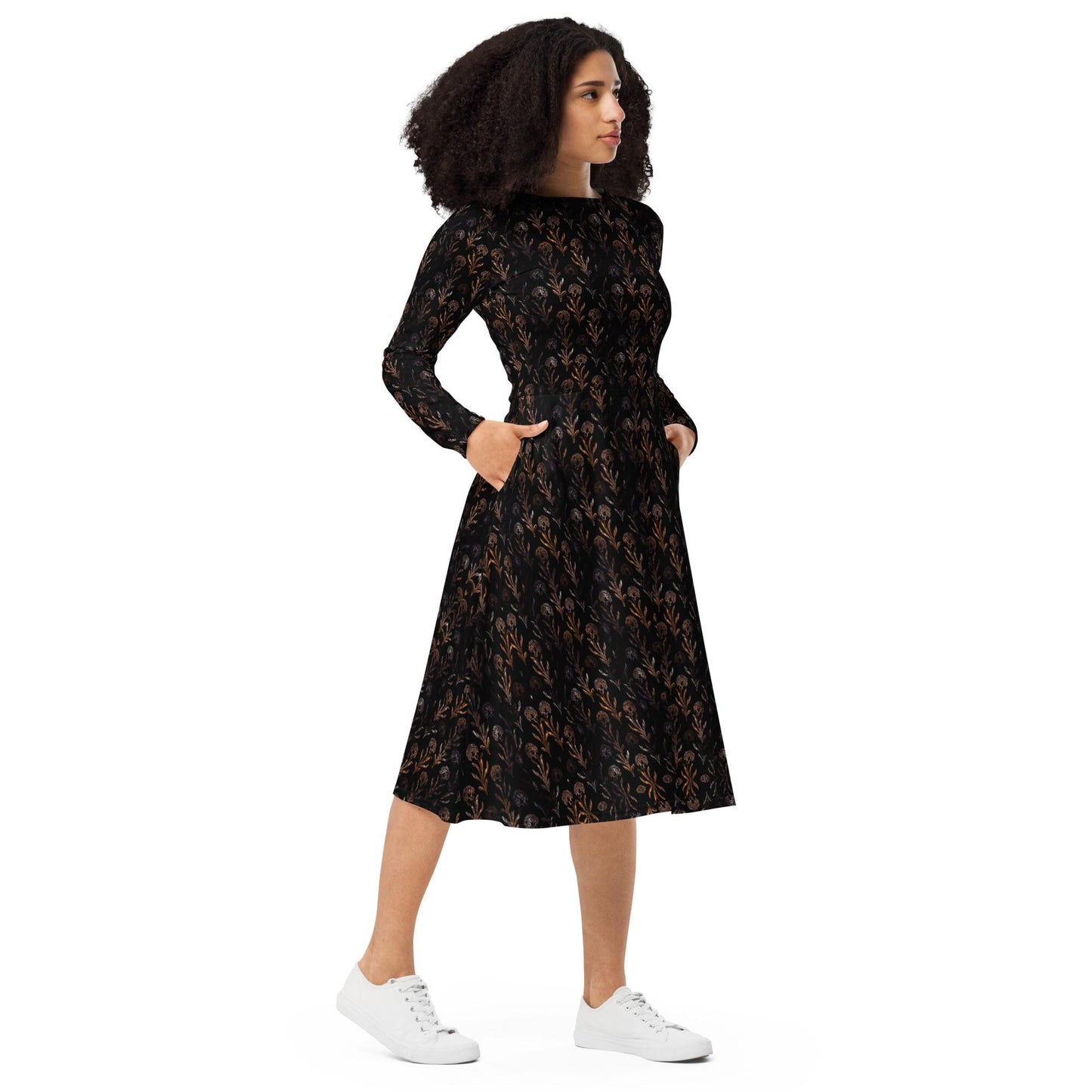 Floral Maxi Dress: Black & Gold Flared Long Sleeve Midi