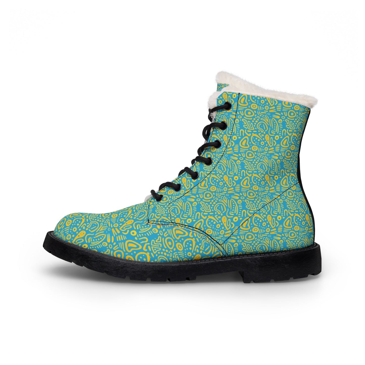 Women's Fur-Lined Leather Boots — Turquoise Floral Pattern Winter Ankle Boots