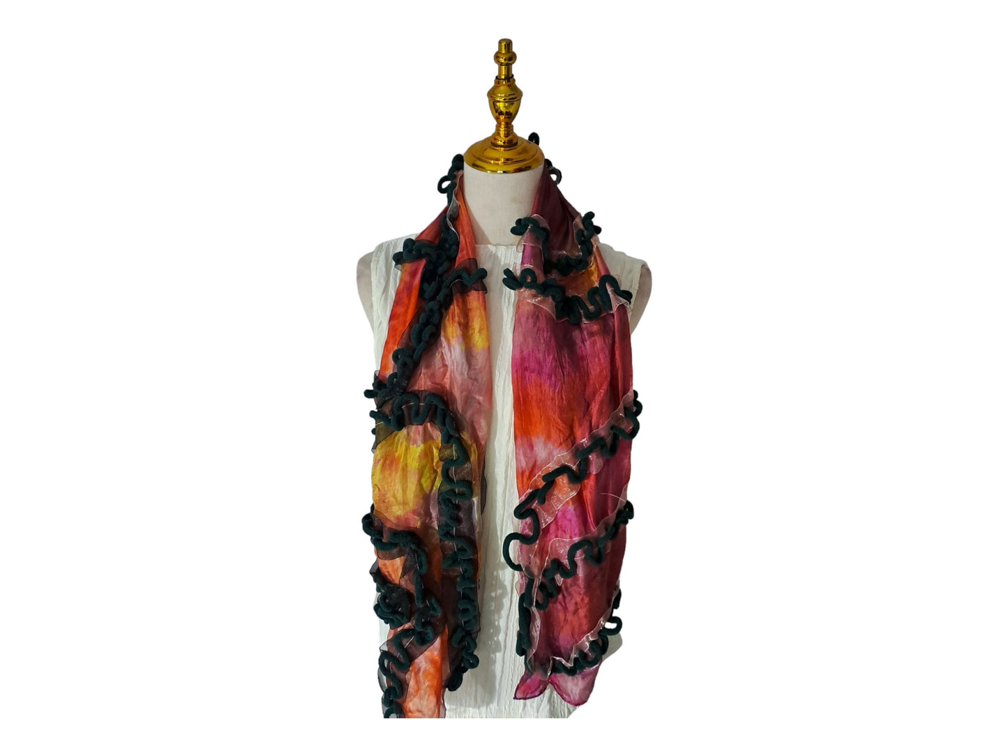 Handmade Hippy Silk Shawl: Orange & Green with Black Ribbons