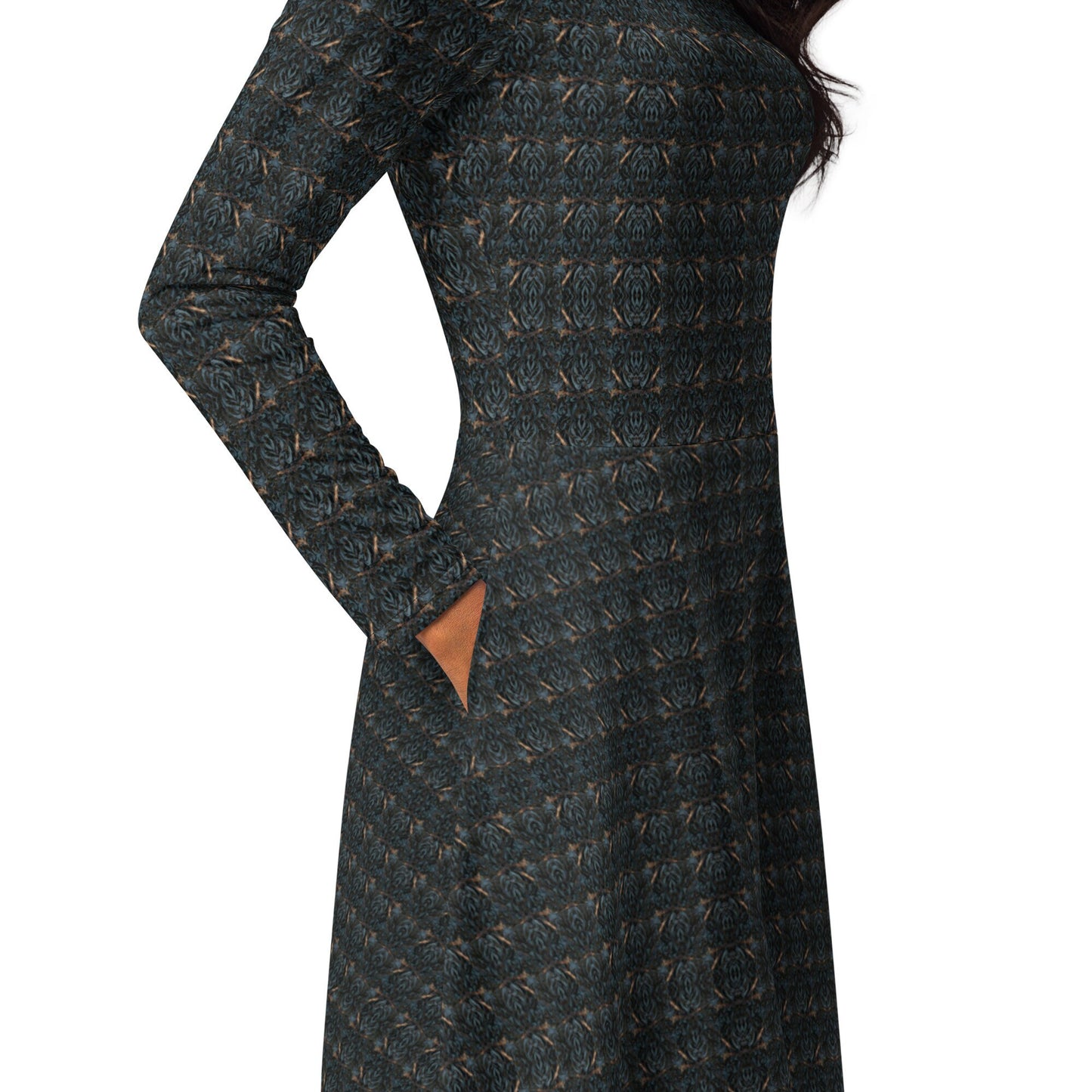 Navy Blue Marble Knit Midi Dress | Long Sleeve Party Gown