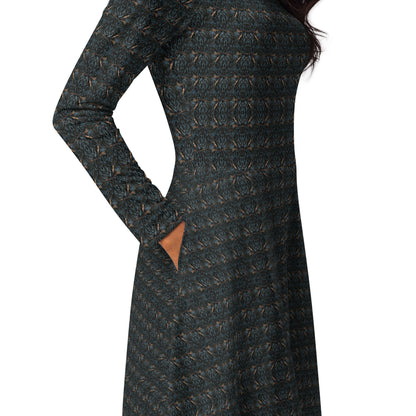 Navy Blue Marble Knit Midi Dress | Long Sleeve Party Gown