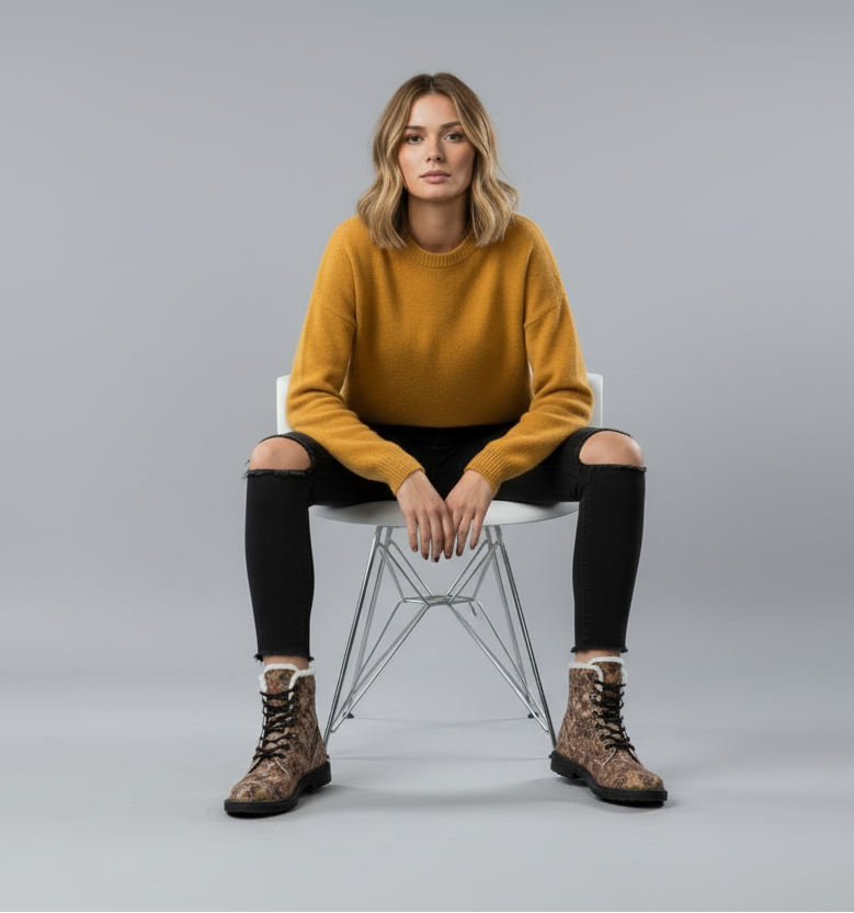 Bronze Leather Winter Fur Boots | Women's Cozy Patterned Boots