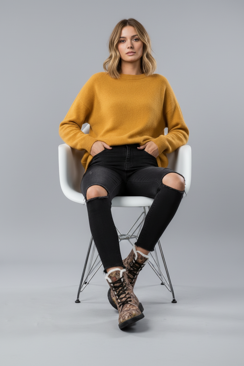 Bronze Leather Winter Fur Boots | Women's Cozy Patterned Boots
