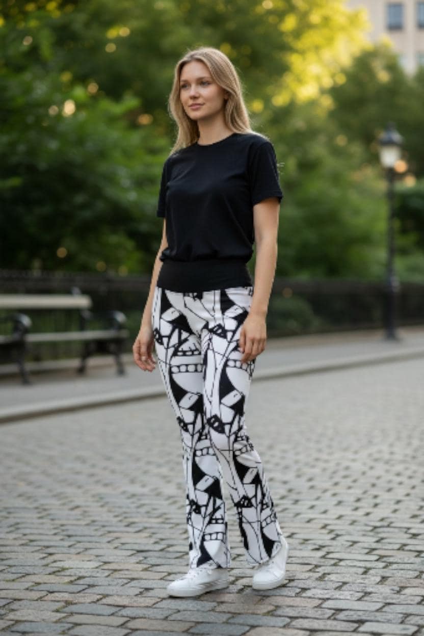 Bold Abstract Graphic Print Flare Leggings | Black & White High Waisted Trousers