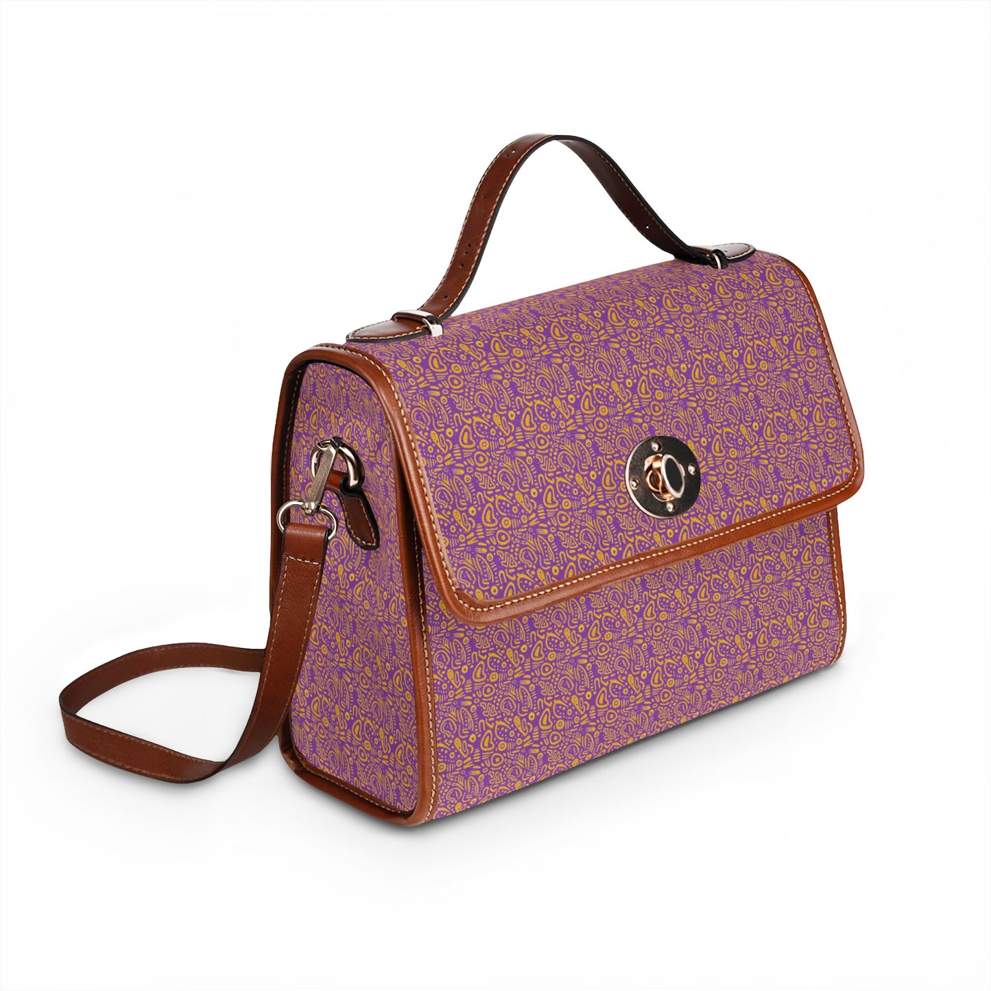 Waterproof Canvas Bag — Purple Gold Floral Satchel Purse