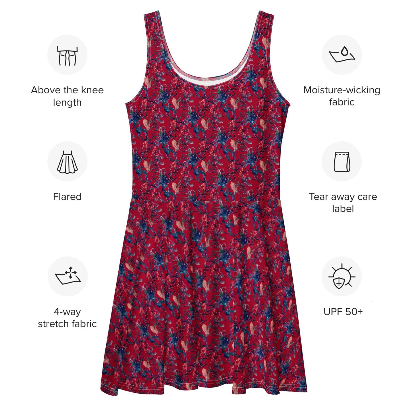 Red Floral Skater Dress: Chic Abstract Print, Elegant Party Outfit