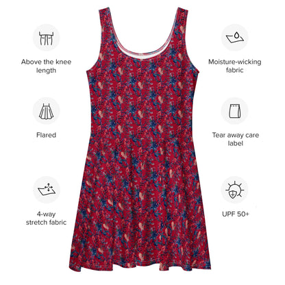 Red Floral Skater Dress: Chic Abstract Print, Elegant Party Outfit