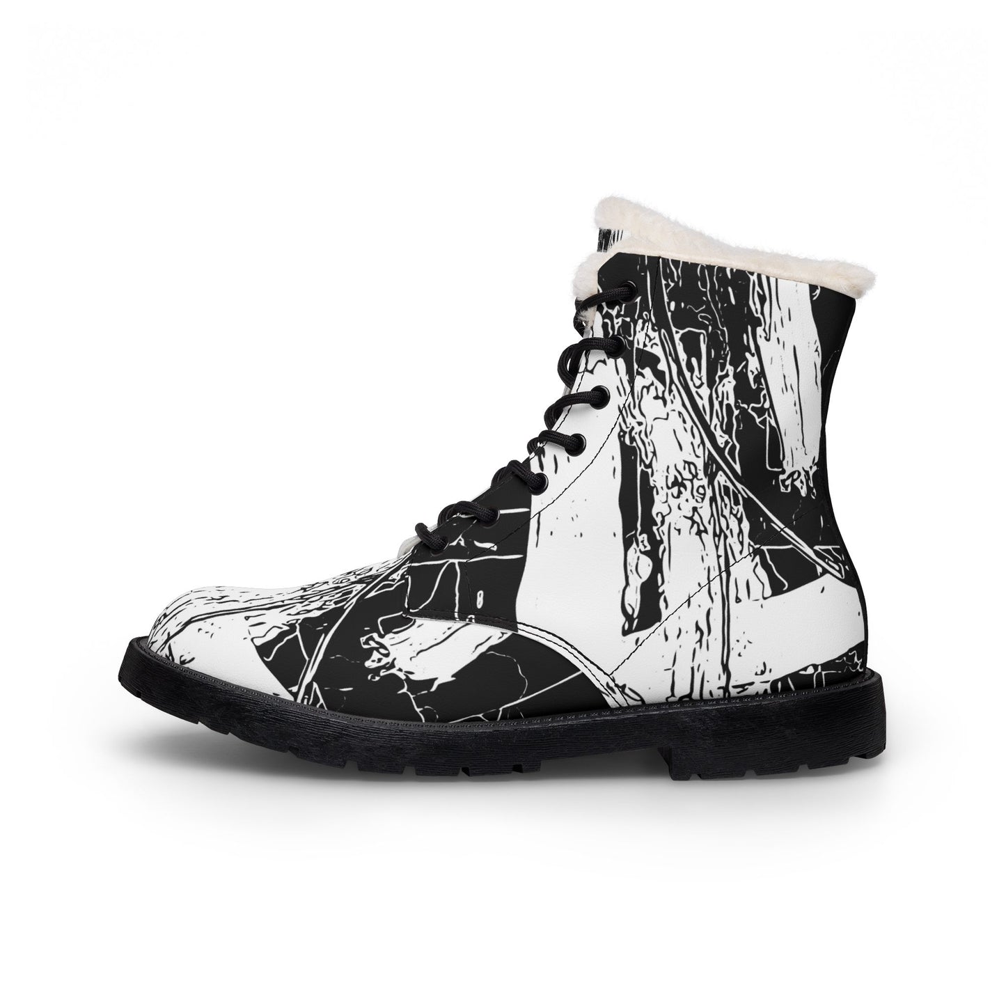 Black and White Abstract Boots Women's Fur and Leather Boots