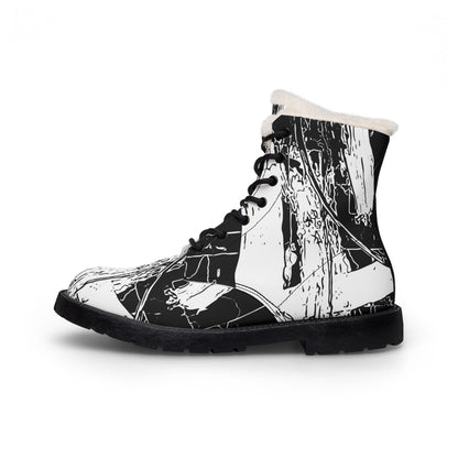 Black and White Abstract Boots Women's Fur and Leather Boots