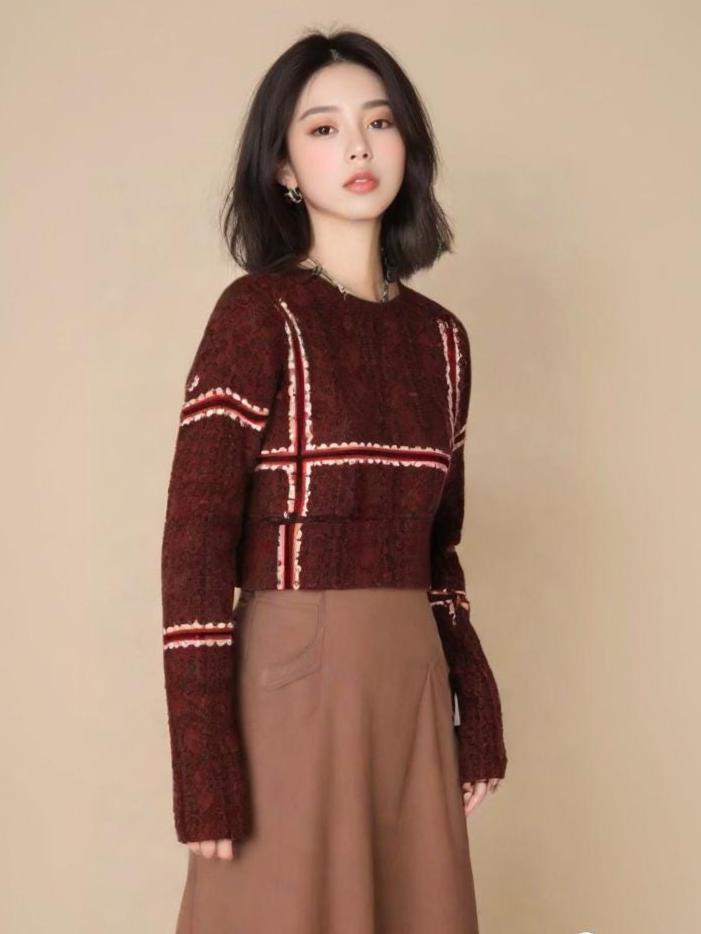 Burgundy Crop Top | Geometric Grid, Long Sleeve Fall Fashion