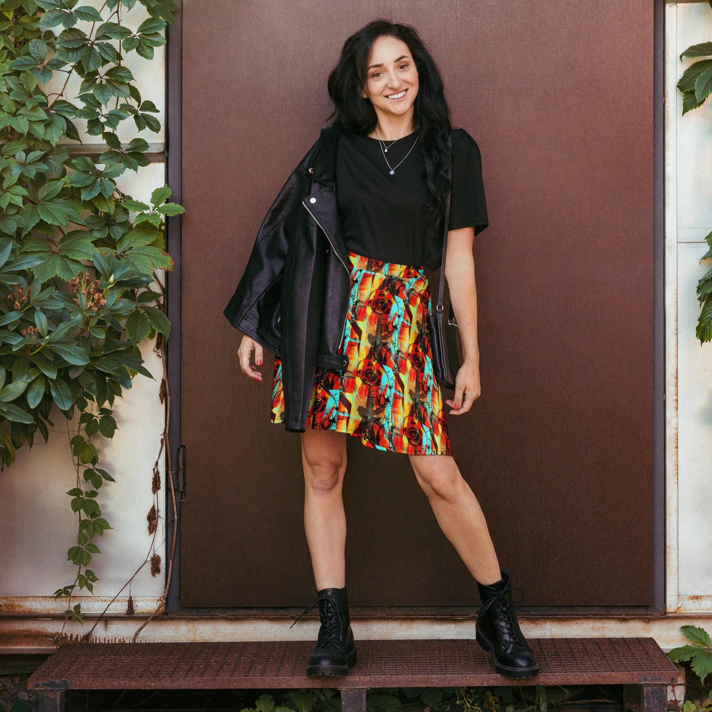 Abstract Floral Skater Skirt: Bright Colors, Elastic Waist