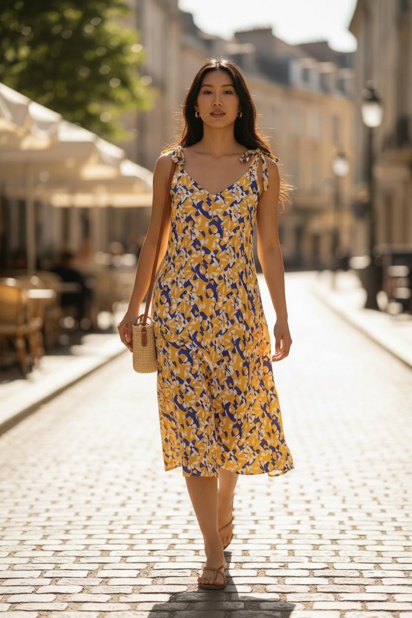 Tie-Strap Sunset Bloom Holiday Slip Midi Dress