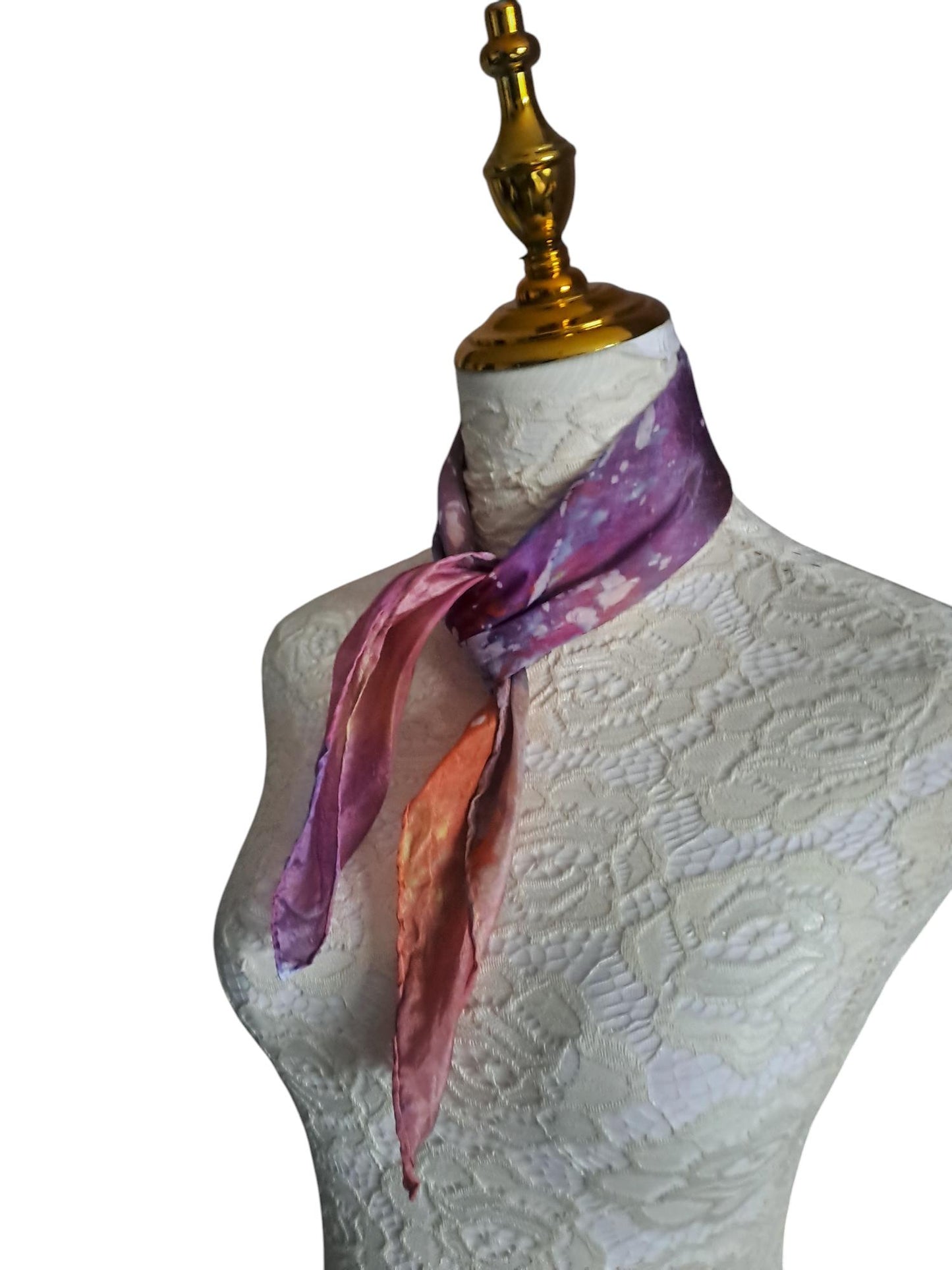 batik silk scarf- orange and purple neckerchief small gift for a loved one.