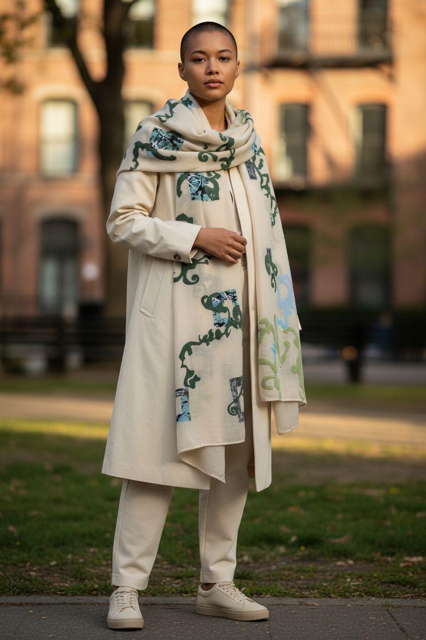 Boho Summer Shawl Wrap: Lightweight Beige Scarf with Puffy Swirls