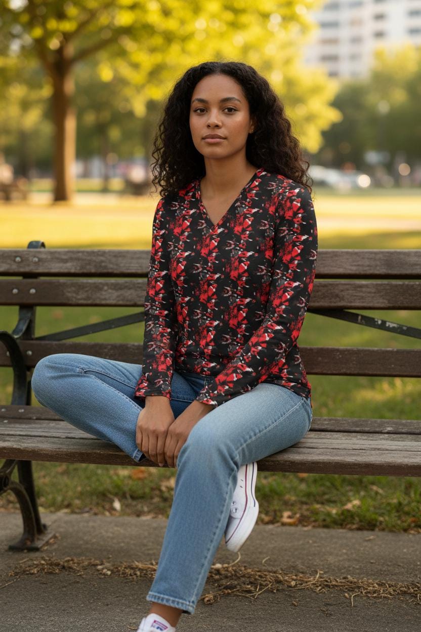 Abstract V-Neck Long Sleeve Shirt: Bohemian Women's Top