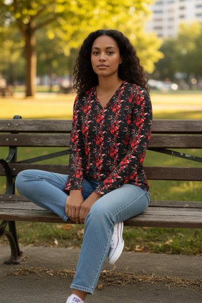 Abstract V-Neck Long Sleeve Shirt: Bohemian Women's Top