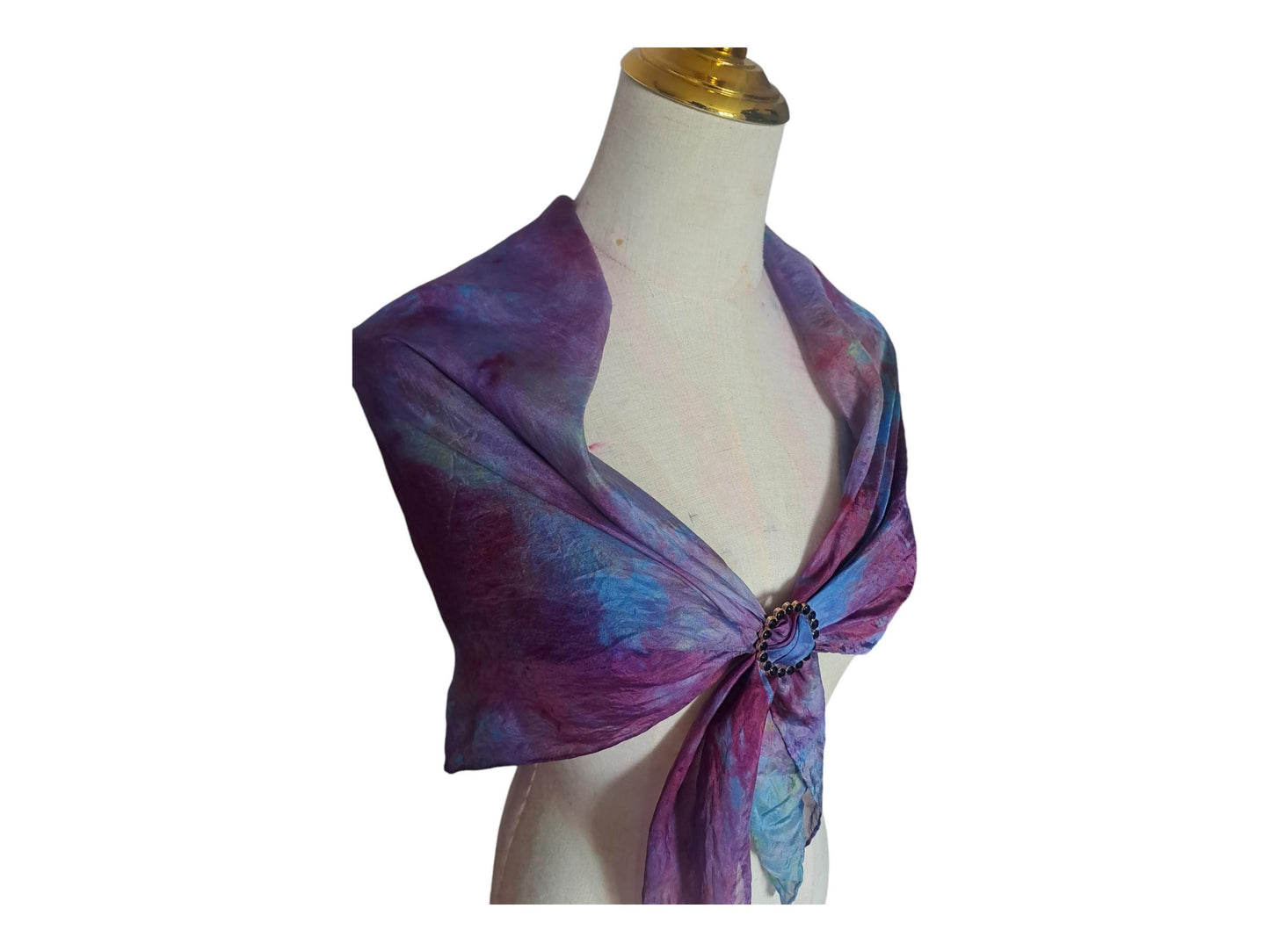 Hand-Dyed Silk Scarf with Brooch, Purple, Blue, Pink Watercolor