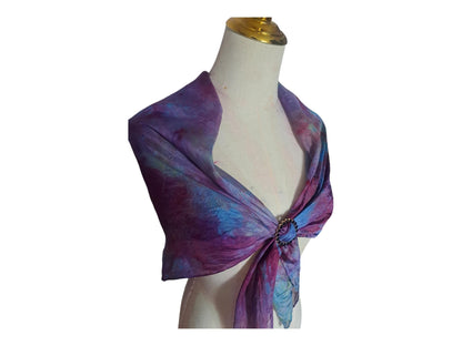 Hand-Dyed Silk Scarf with Brooch, Purple, Blue, Pink Watercolor