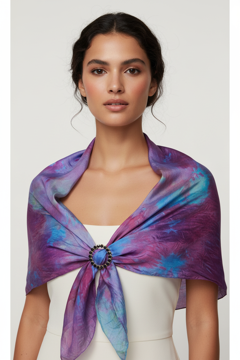 Hand-Dyed Silk Scarf with Brooch, Purple, Blue, Pink Watercolor