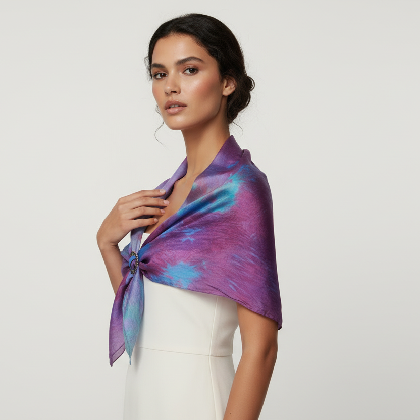 Hand-Dyed Silk Scarf with Brooch, Purple, Blue, Pink Watercolor
