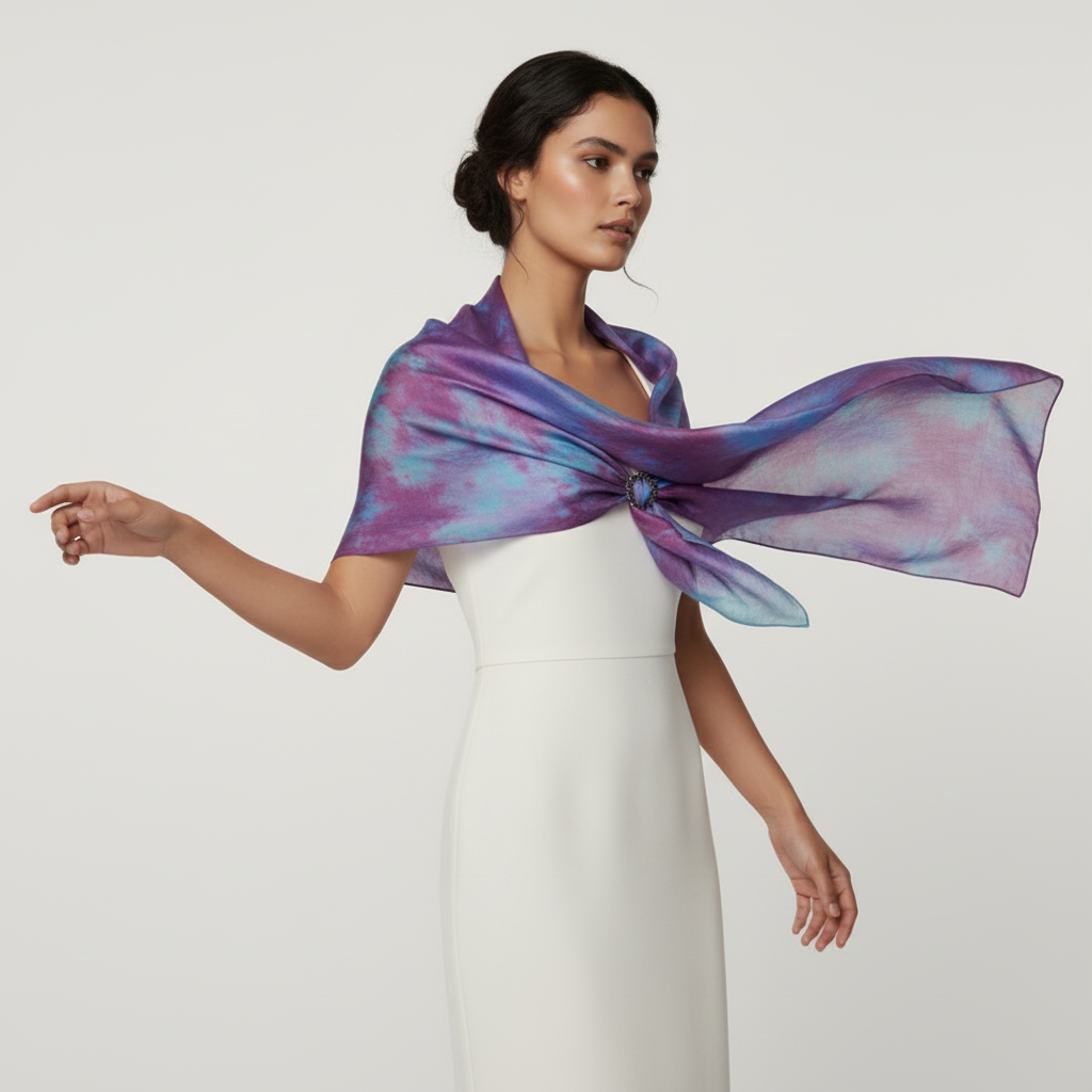 Hand-Dyed Silk Scarf with Brooch, Purple, Blue, Pink Watercolor